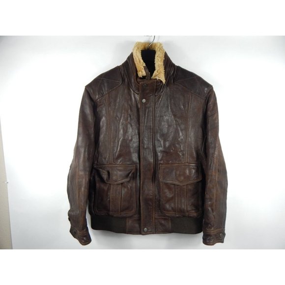 Vintage Andrew Marc Shearling Collar Leather Bomber Jacket Brown L Men's D47 - Picture 1 of 8